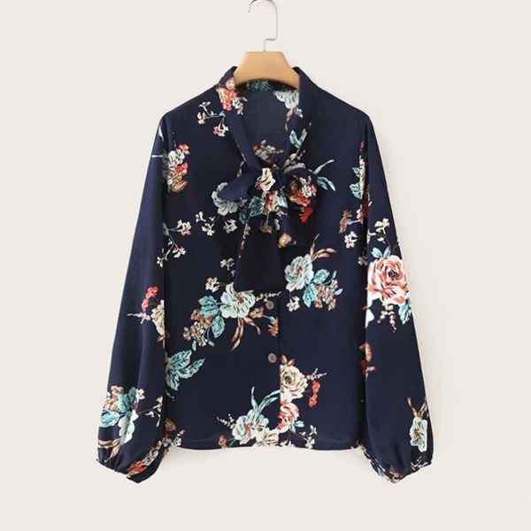 

Floral Print Tie Neck Blouse