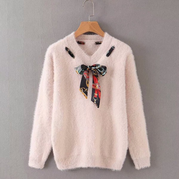 

Shaggy Scarf Print Tie Neck Sweater