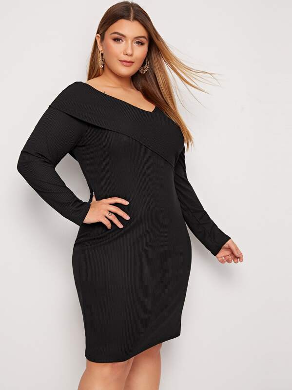 

Plus Solid Wrap Rib-knit Pencil Dress, Black, Angelica B