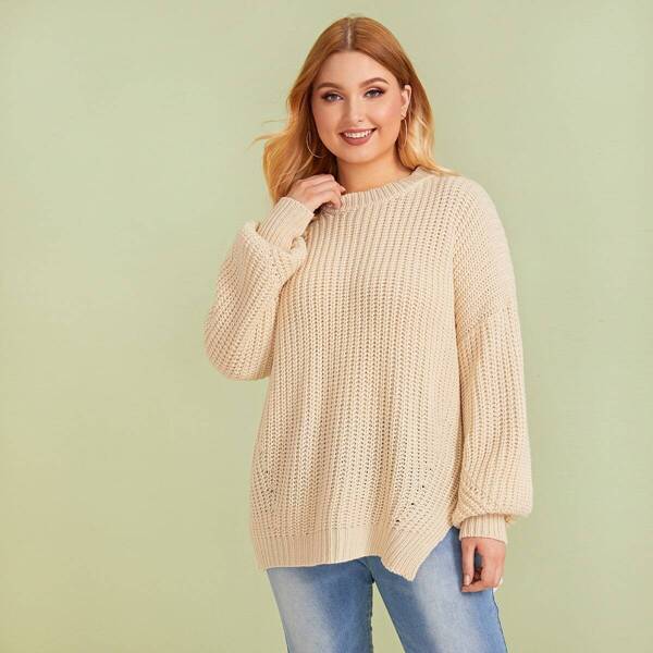 

Plus Drop Shoulder Split Hem Sweater, Beige pastel