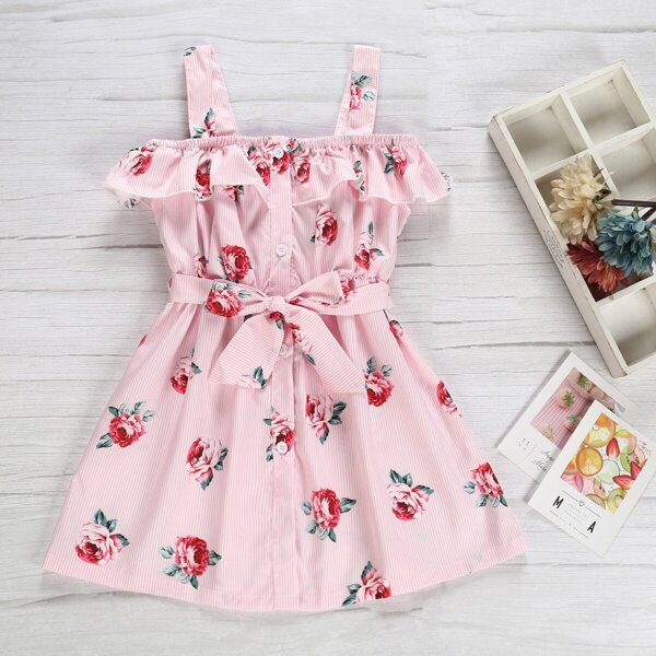 

Toddler Girls Open Shoulder Belted Striped A-line Dress