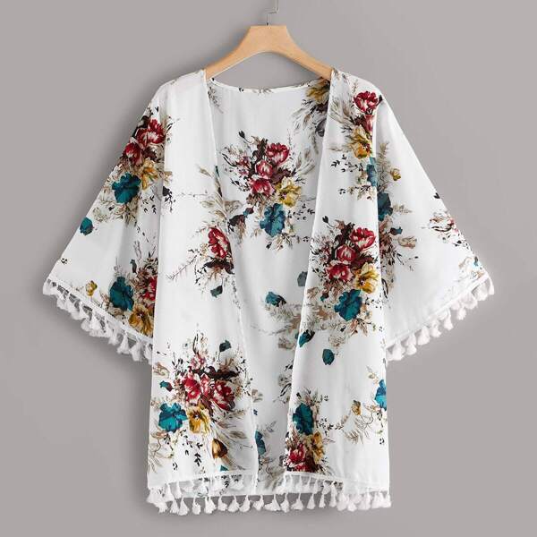 

Plus Floral Print Fringe Trim Kimono, White