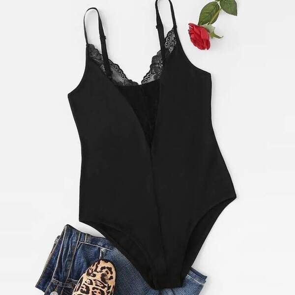 

Plus Contrast Lace Cami Bodysuit, Black