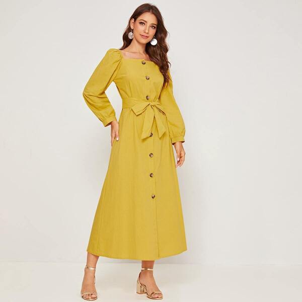

Square Neck Button Front Self Tie Dress, Yellow