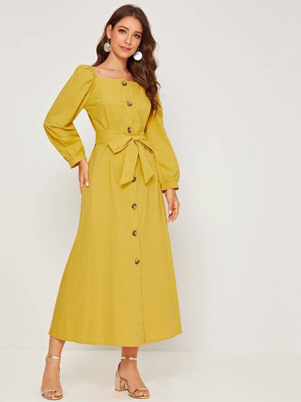 

Square Neck Button Front Self Tie Dress, Yellow, Debi Cruz