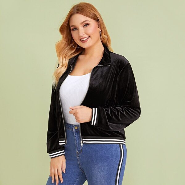 

Plus Zip Up Striped Velvet Jacket