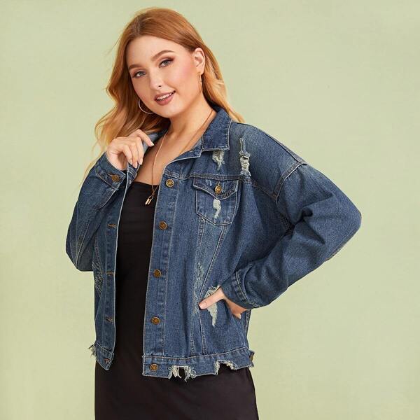 

Plus Button Front Ripped Pocket Detail Denim Coat, Blue