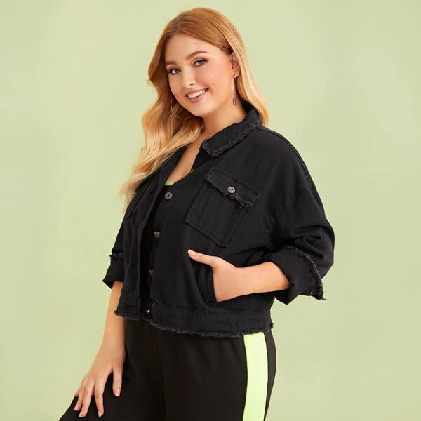 

Plus Button Front Raw Hem Denim Jacket, Black