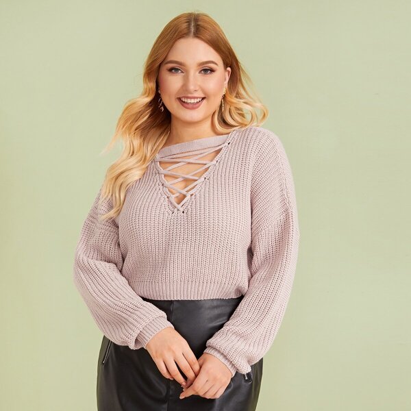 

Plus Criss Cross Front Drop Shoulder Sweater, Pink pastel