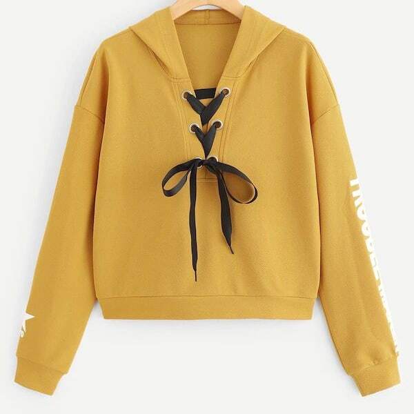 

Plus Letter Graphic Lace Up Hoodie, Yellow
