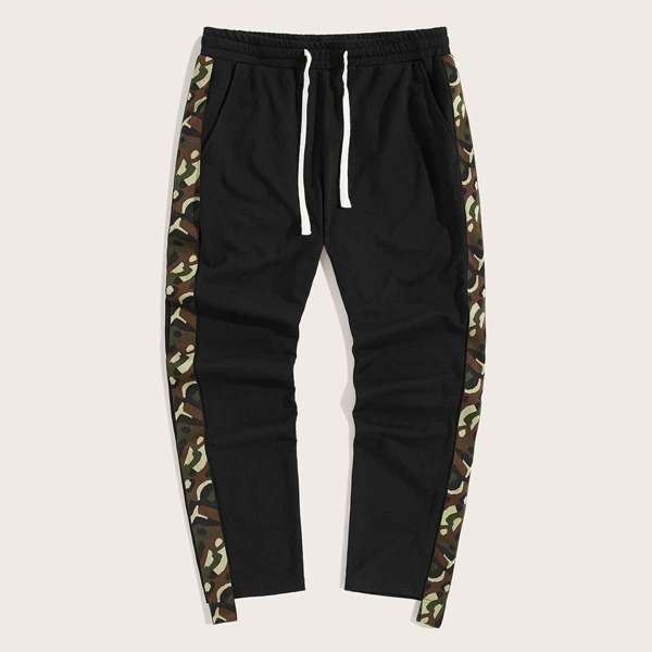 

Men Camo Panel Drawstring Sweatpants, Black