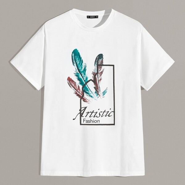 

Men Feather & Slogan Print Tee, White
