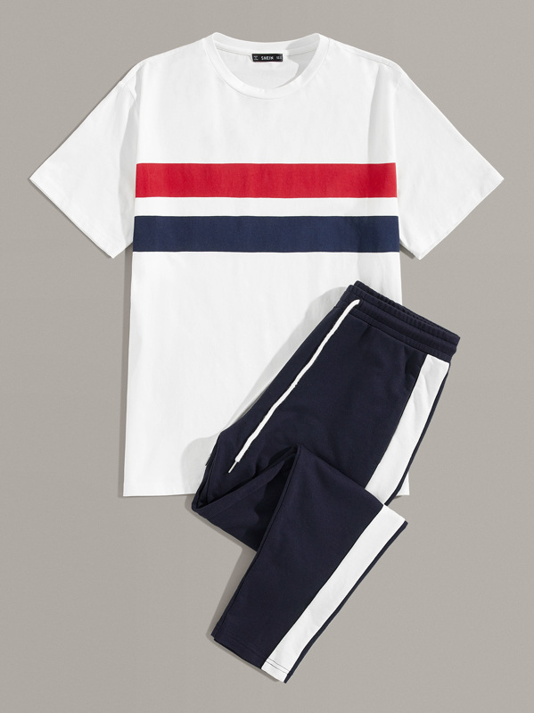 

Men Striped Panel Tee & Drawstring Waist Sweatpants Set, Multicolor