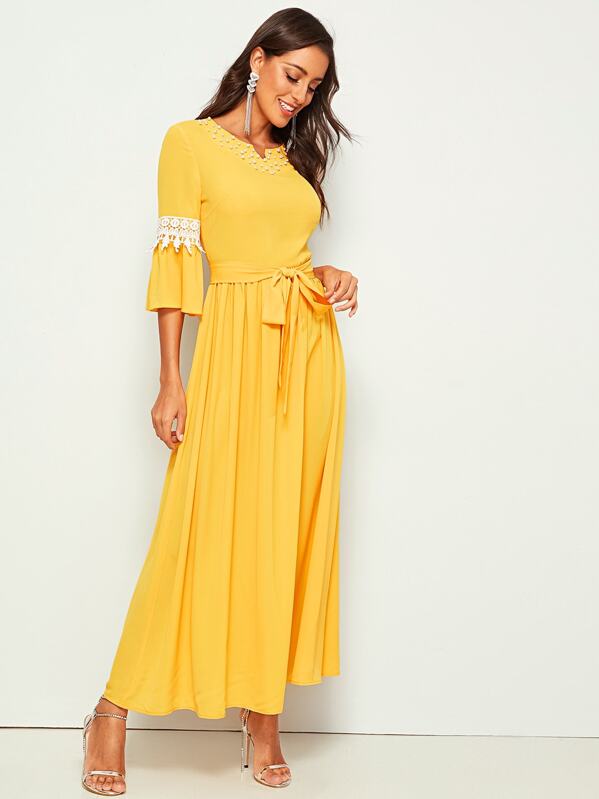 

Pearl Beaded Guipure Lace Trim Belted Dress, Yellow, Mary P.