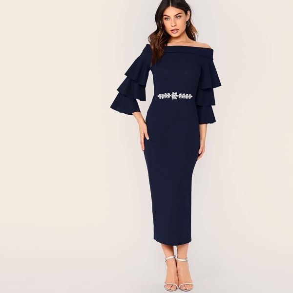 

Layered Sleeve Rhinestone Detail Bardot Dress, Navy