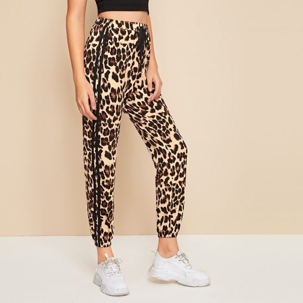 

Leopard Drawstring Waist Striped Tape Pants, Multicolor
