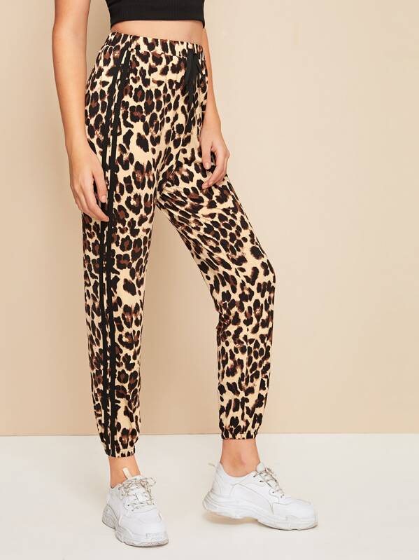 

Leopard Drawstring Waist Striped Tape Pants, Multicolor, Luiza