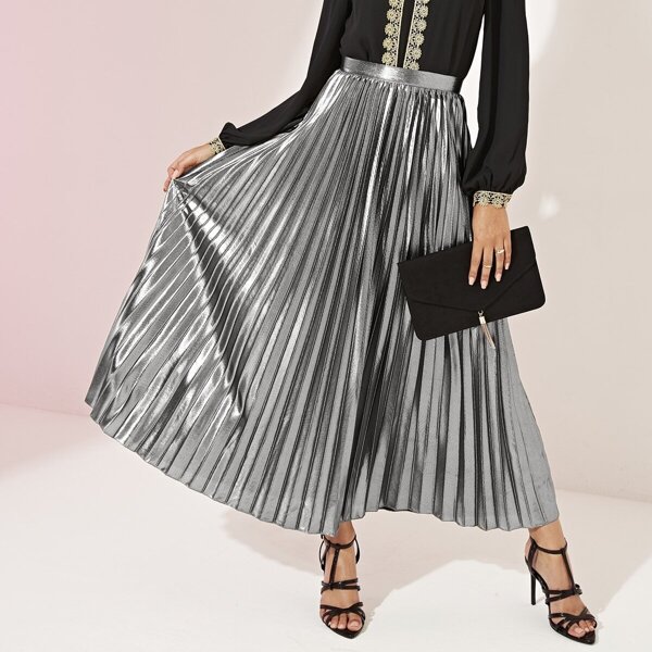 

High Waist Metallic Pleated Skirt