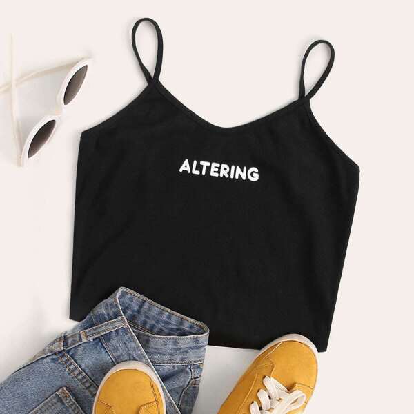

Letter Print Rib-knit Cami Top