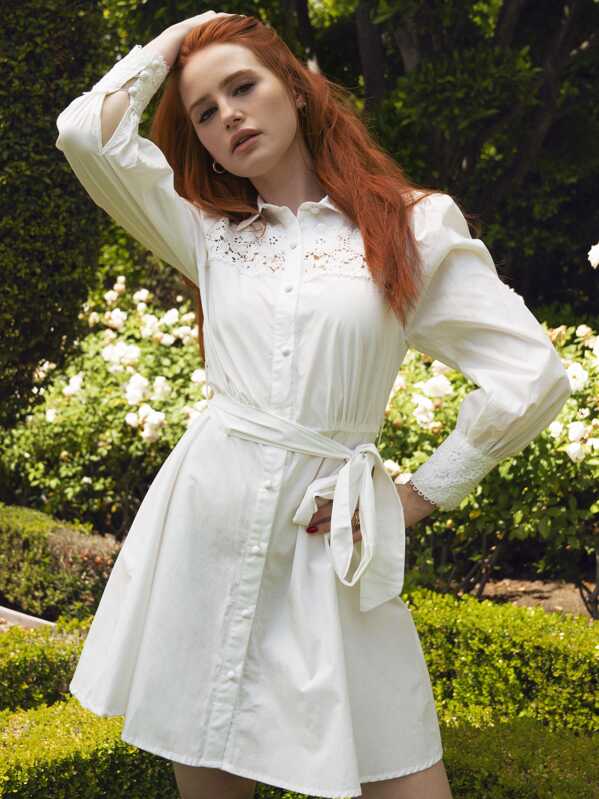 

x Madelaine Guipure Lace Insert Self Belted Shirt Dress, White, Chloe Melton