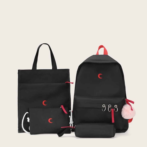 

Eyelet Detail Pom Pom Decor Backpack 4pcs, Black