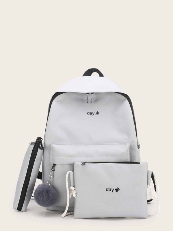 

Pom Pom Decor Backpack With Pencil Case 3pcs, Grey