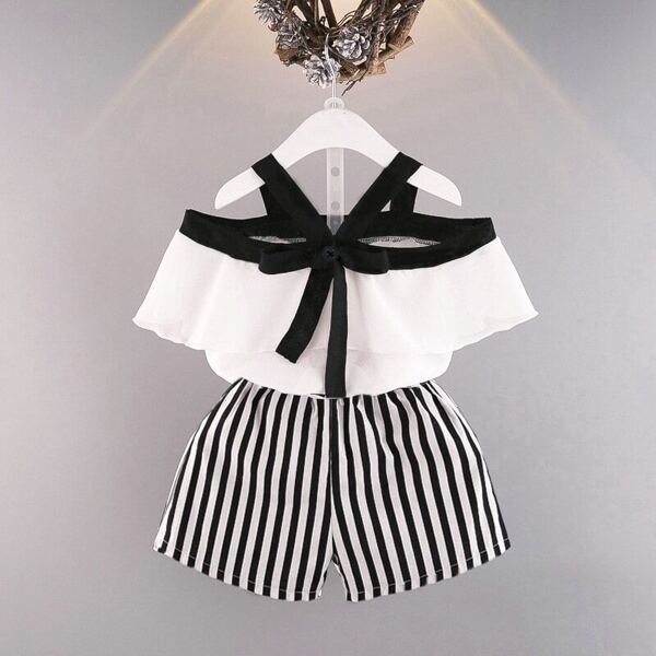 

Toddler Girls Ruffle Trim Tie Neck Blouse & Striped Shorts, Black and white