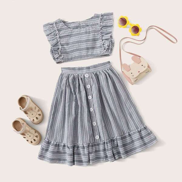 

Toddler Girls Striped Ruffle Trim Top With Button Front Skirt, Grey