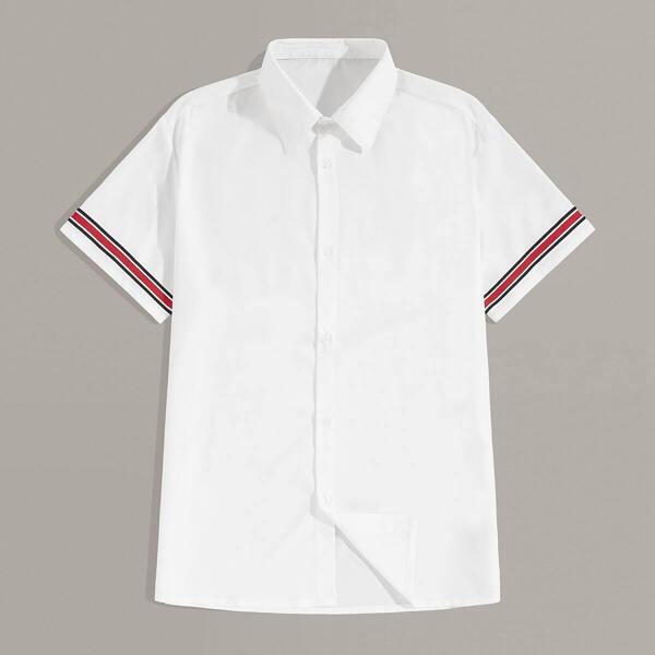 

Men Stripe Tape Cuff Button Through Shirt, White