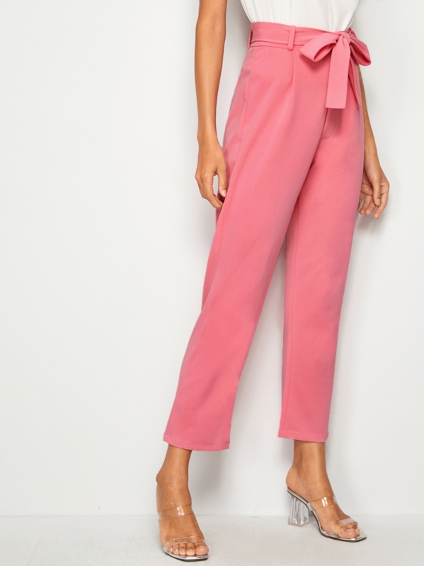 

Solid Straight Leg Belted Pants, Pink, Mary P.