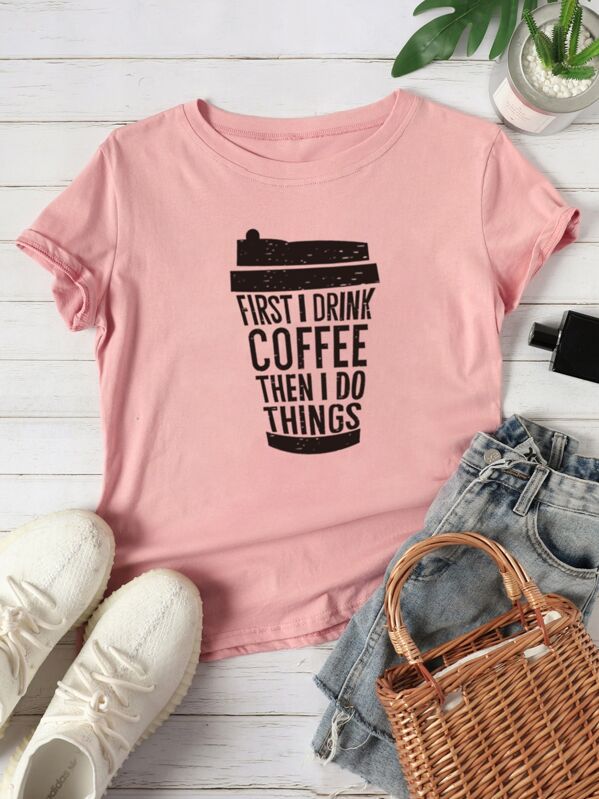 

Slogan Graphic Round Neck Tee, Pink