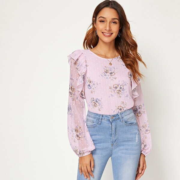 

Ruffle Trim Floral Print Blouse, Purple