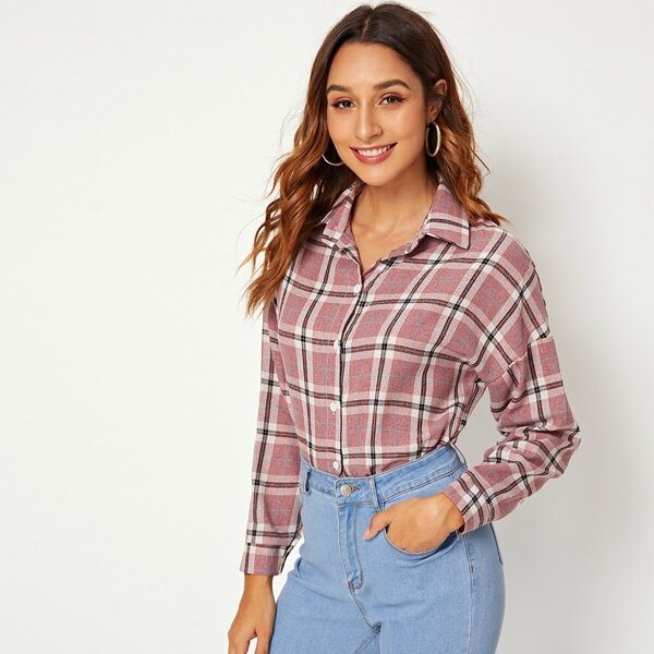 

Drop Shoulder Curved Hem Plaid Blouse, Pink