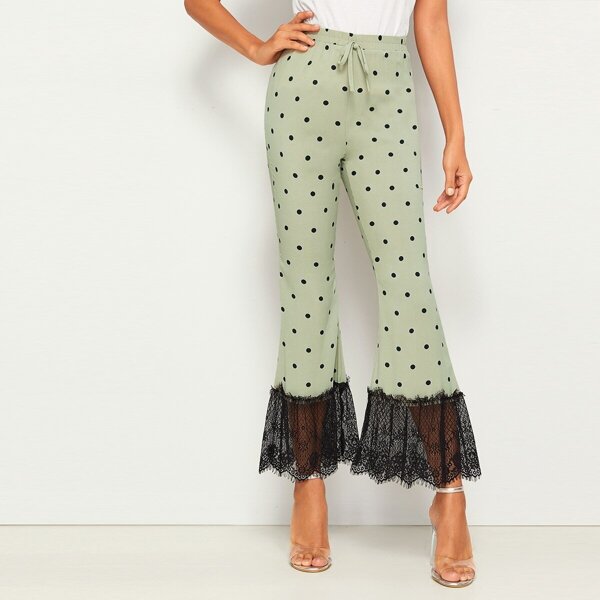 

Polka Dot Lace Panel Flare Leg Pants