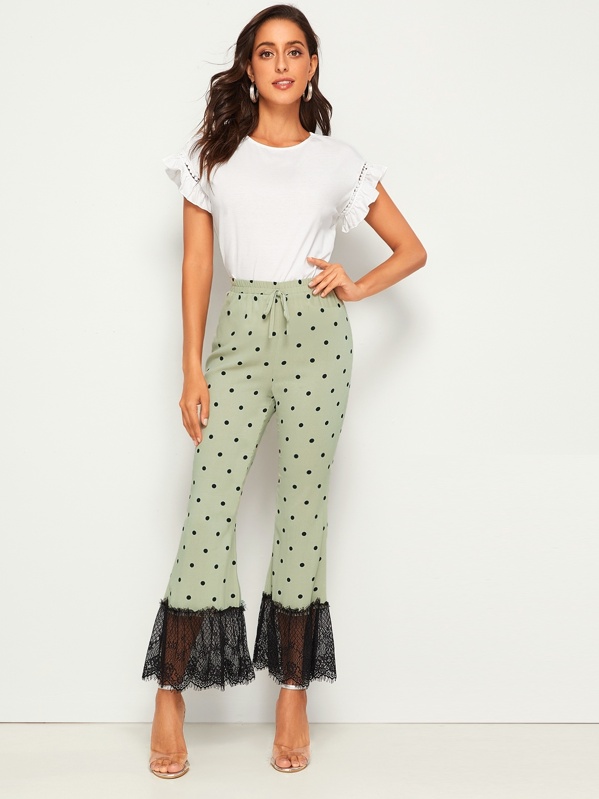 

Polka Dot Lace Panel Flare Leg Pants, Green, Mary P.