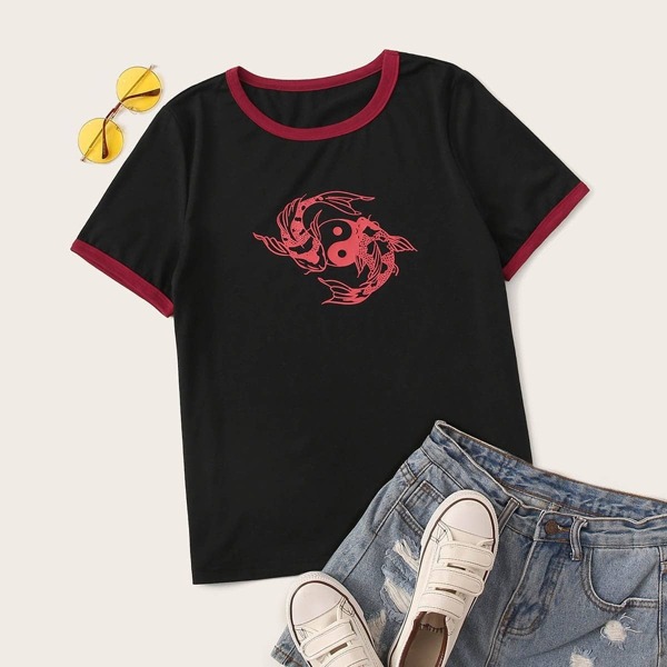 Contrast Binding Fish Print Tee