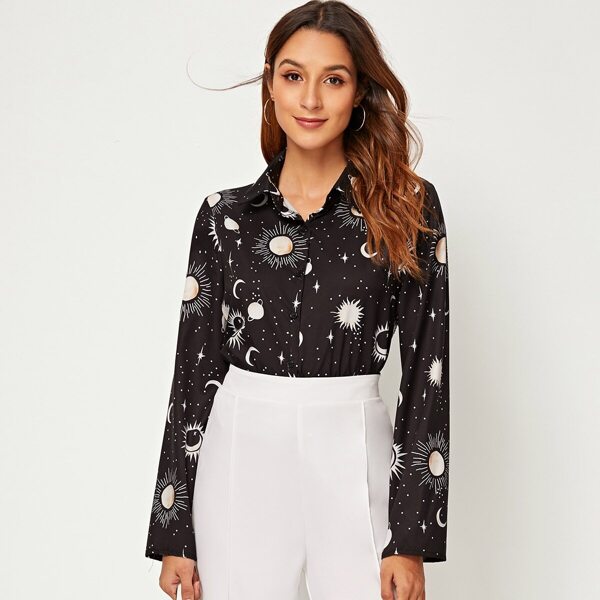 

Sun & Moon Print Button Front Blouse, Black
