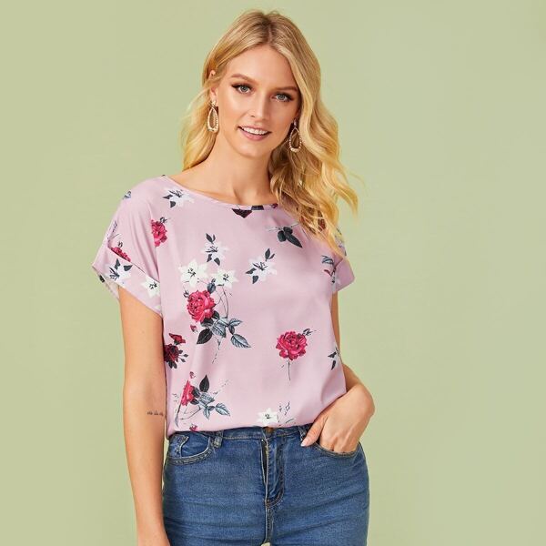 

Floral Print Round Neck Blouse, Pink