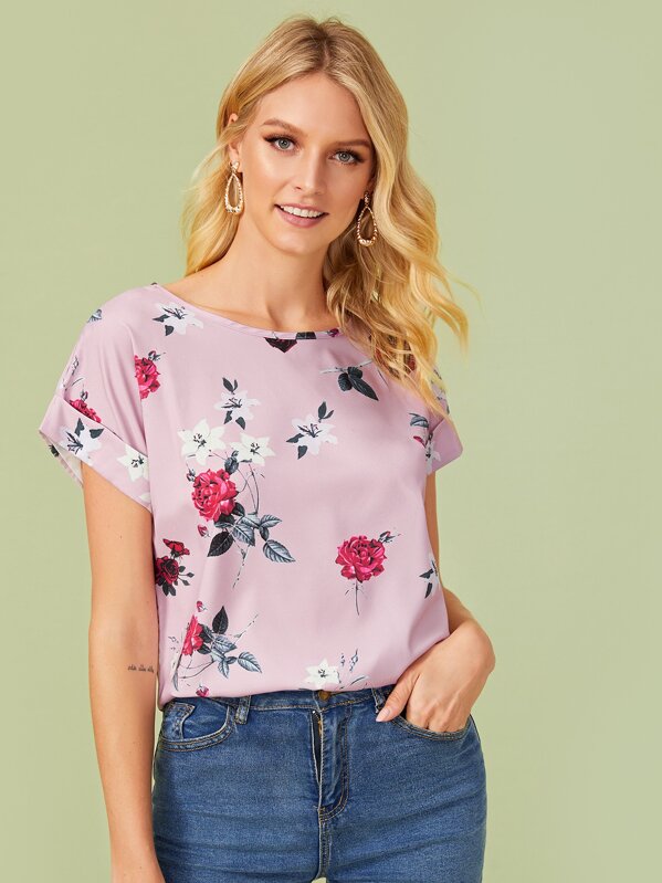 

Floral Print Round Neck Blouse, Pink, Layson