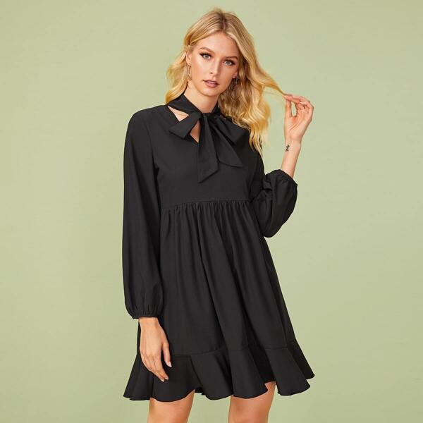 

Tie Neck Ruffle Hem Swing Babydoll Dress