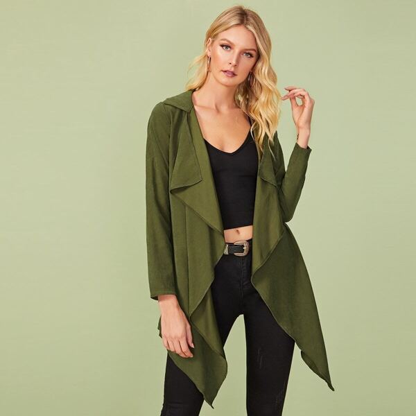 

Waterfall Collar Asymmetrical Hem Self Tie Coat, Army green