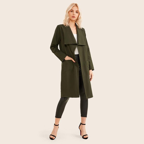 

Waterfall Collar Dual Pockets Trench Coat