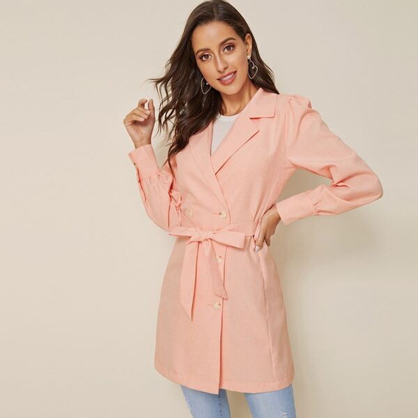 

Notched Collar Self Tie Pea Coat, Pink