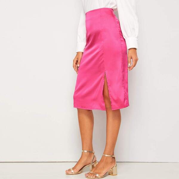 

Split Side Zipper Detail Satin Skirt