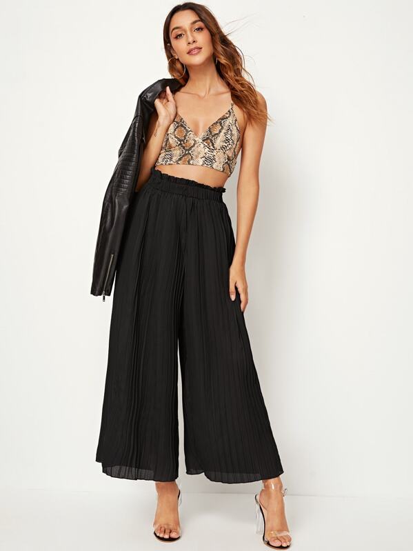 

Elastic Waist Pleated Wide Leg Pants, Black, Gabi B