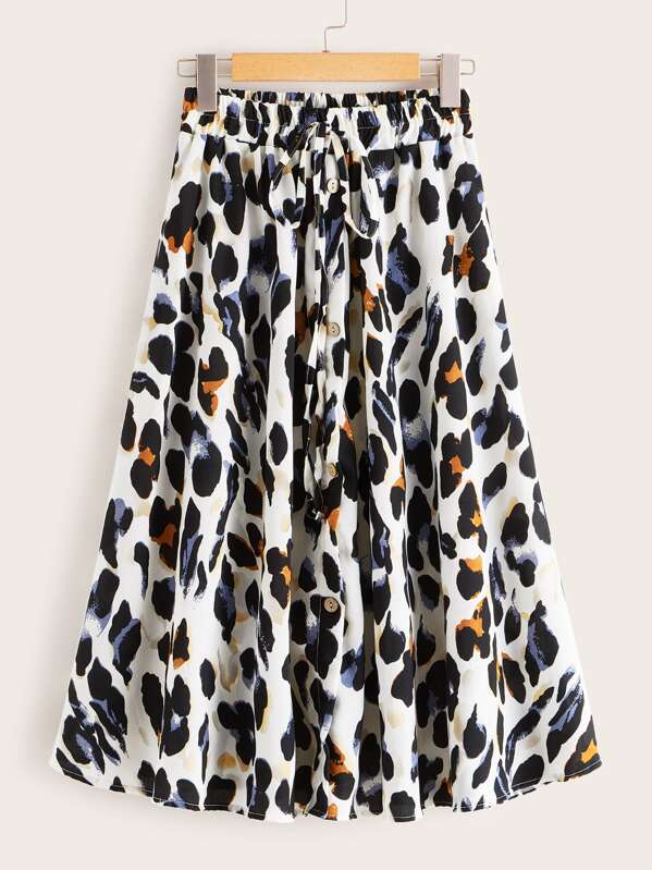 

Leopard Button Front Drawstring Waist Skirt, Multicolor