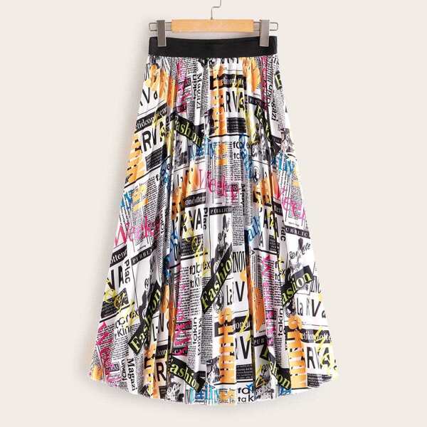 

Newspaper Print Elastic Waist Pleated Skirt, Multicolor