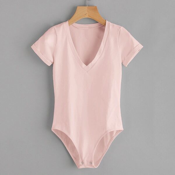 

Solid V-neck T-shirt Bodysuit, Pink