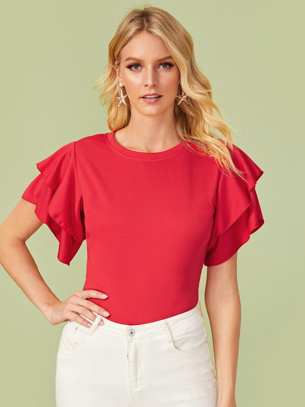 

Solid Butterfly Sleeve Round Neck Tee, Red, Layson