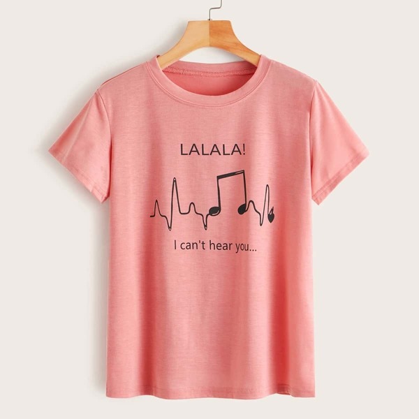

Slogan And Note Print Tee, Pink